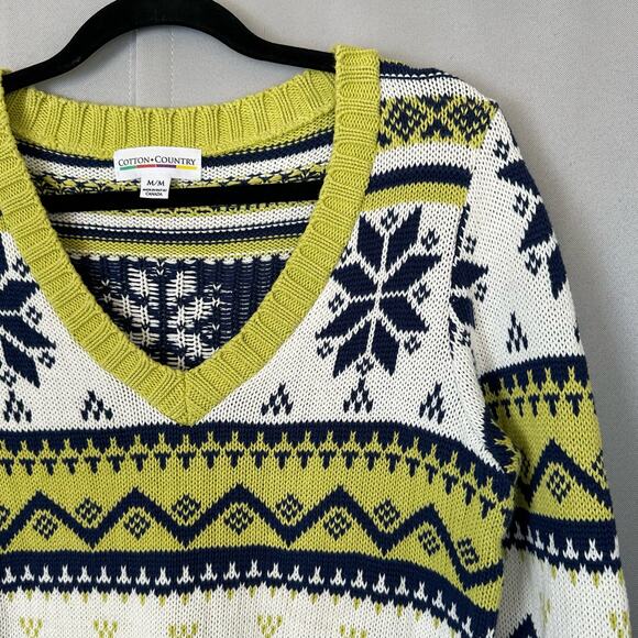 Womens VTG Cotton Country Blue Green Striped Snowflake Knit V Neck Sweater Sz M - Picture 1 of 6